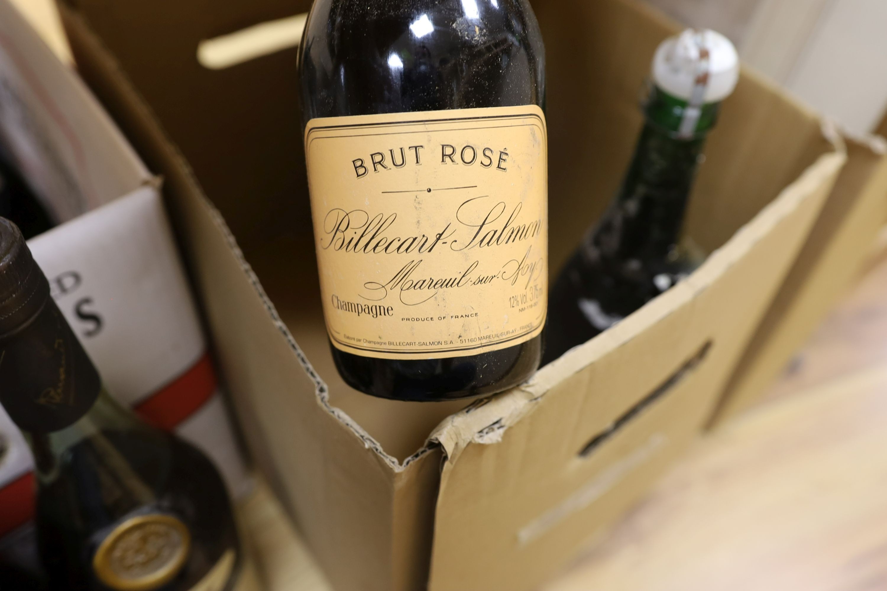A group of wines and champagnes including Chateau La Coustere, Laurent-Perrier, L.Gardner and a bottle of Renault cognac